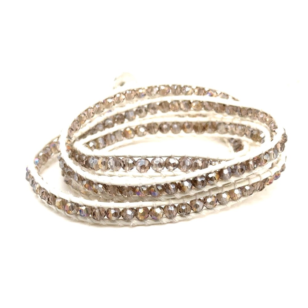 Victoria Emerson Champagne Crystal 5 Wrap Bracelet White Leather Adjustable